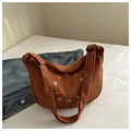 Brown corduroy shoulder bag with white letter embroidery in a casual retro style - Brown