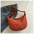 Fashionable bright orange corduroy tote bag with white embroidery on denim background - Orange