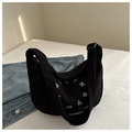 Black corduroy crescent hobo bag with white letter embroidery and adjustable wide strap - Black
