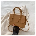 Minimalist camel brown faux leather handbag with dual handles and long shoulder strap - Khaki
