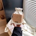Elegant khaki lace bucket bag with pearl handle and golden chain strap for women - Khaki