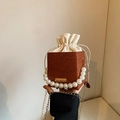 Brown box bag with white drawstring inner pouch and pearl handle with chain strap - Brown