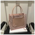 Pink plush and PU leather tote bag with elegant butterfly embroidery and strap - Pink