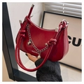 Glossy red faux leather shoulder bag with decorative pearl chain and heart charms - Red