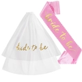 White bridal veil and pink satin sash with gold Bride to Be lettering for wedding parties - Gold Stamped Veil + Pink Scalloped Sash with Gold Text