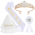 Set de fiesta para novia con tiara, velo blanco, banda de satén y pin Bride to Be - Talla única / Conjunto Dorado