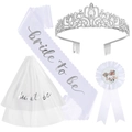 Set 4 piezas Bride to Be con corona strass, banda satén blanco, velo nupcial y pin - Talla única / Conjunto de Joyas Plateado