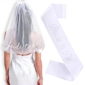 Conjunto de banda y velo de doble capa blanco con bordado Bride to Be para despedida de soltera - Talla única / Juego de Velo Bordado y Banda de Pedrería