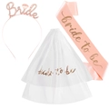 Rose gold rhinestone Bride headband with pink Bride to Be satin sash and veil set - One Size / Champagne