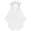 Cerchietto da sposa con perle bianche, lettere di strass e lungo velo da sposa in rete - Fascia Perle Bride con Velo Zirconia Iridescente