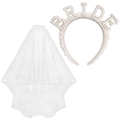 Detail of bride headband with white pearls and rhinestones next to multi-layer mesh veil - Bride Pearl Headband And Veil Iridescent Zirconia