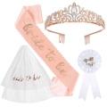 Banda rosa Bride to Be con corona oro rosa, velo blanco y pin para despedida de soltera - Talla única / Juego Color Champaña