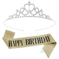 Silver rhinestone birthday tiara and gold glitter Happy Birthday sash party set - One Size / Gold Set (Silver Headband)