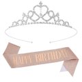 Birthday set with silver crystal tiara and rose gold glitter happy birthday sash - One Size / Rose Gold Set (Silver Headband)