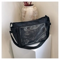Black nylon messenger bag with clear PVC pocket and adjustable strap for students - Black