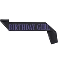 Black satin Birthday Girl sash with purple lettering for party celebrations - Purple Birthday Girl