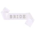 White satin bride sash with pearl and rhinestone lettering for wedding parties - One Size / Bride Sash