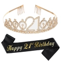 Set tiara dorata con strass per il 21° compleanno e fascia in raso nero - 21esimo Compleanno Oro Kit