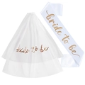 White bridal bachelorette party set with gold bride to be veil and satin sash kit - Rose Gold Text Veil + White Sash with Rose Gold Text