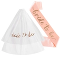 Romantic bridal set with white tulle veil and pink Bride to be satin sash with gold foil - Rose Gold Text Veil + Champagne Sash with Rose Gold Text