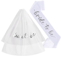 White two-layer bridal veil and satin sash set with silver Bride to be lettering - Silver Stamped Veil + White Scalloped Sash with Silver Text