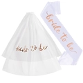 Bride to Be set with white tulle veil and satin sash featuring rose gold lettering - Rose Gold Text Veil + White Scalloped Sash with Rose Gold Text