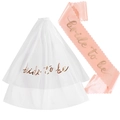 White bridal veil with pink satin sash set featuring gold Bride to Be lettering - Rose Gold Text Veil + Champagne Scalloped Sash with Rose Gold Text