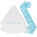 Blue Bride to Be sash and white tulle veil set for bachelorette party accessories - Blue Printed Set / Blue Printed Lettering Style