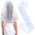 White bridal veil and sash set with turquoise Bride to Be script for wedding parties - White Blue Embroidered Set / White With Blue Embroidered Lettering Style