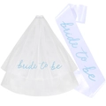 White bridal veil and sash set with blue 'Bride to be' embroidery for party - White With Blue Lettering Style