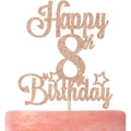 Décoration de gâteau 8ème anniversaire rose doré à paillettes avec étoiles pour fête - Joyeux 8ème Anniversaire