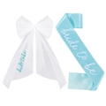 Blue bride to be sash and white mesh bow clip set with elegant pearls for bridal parties - Blue Embroidered Bow 2-Piece Set