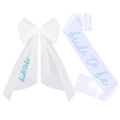 White bridal set featuring Bride to Be sash and bow hair clip with pearls and blue text - White Bow with Blue Lettering 2-Piece Set