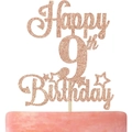 Décoration de gâteau 9ème anniversaire pailleté or rose avec motifs étoiles élégants - Joyeux 9ème Anniversaire