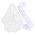 White bridal bachelorette party set with rhinestone Bride to Be sash and layered tulle veil - White Sash + Veil (JD187)