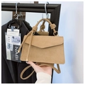 Minimalist camel suede crossbody square bag with knotted handle and metal closure - Khaki