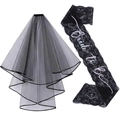Black bridal party set including double layer tulle veil and Bride to Be lace sash - Black Laser Lace Sash + Black Veil (JD191)