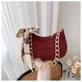 Elegant wine red suede shoulder bag with gold chain strap and silk scarf detail - Burgundy