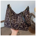 Leopard print hobo bag with gold chain and black leather shoulder strap detail - Coffee Large
