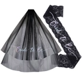 Black lace sash and two-layer tulle veil set with Bride to Be laser lettering - Black Laser Veil + Lace Sash (JD191)
