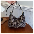 Retro leopard print hobo tote bag with gold chain and black leather strap detail - Coffee Small