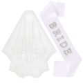 Bridal party set with white layered tulle veil and pearl BRIDE satin sash for weddings - Pearl Sash And Veil (Iridescent Rhinestone)