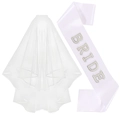 White bridal bachelorette set with tiered mesh veil and pearl-studded BRIDE satin sash - Pearl Sash And Veil (White Rhinestone)
