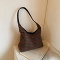 Grande borsa tote vintage a quadri pied-de-poule con manici in pelle da donna - Nero