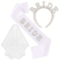 White bridal accessory set featuring BRIDE headband, satin sash, and layered tulle veil - Bride Accessory Sash Headband Veil (White Rhinestone)