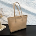 Minimalist apricot leather tote bag with long double straps for daily commute - Khaki