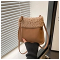 Detail showing the brown patchwork plush lamb wool texture and sleek faux leather finish - Khaki (Without Charm)