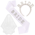 Set mariée blanc avec serre-tête en perles, écharpe BRIDE et voile en tulle - Ensemble Trois Pièces Bride (Strass Irisé)
