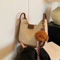 Minimalist creamy white crescent bag with brown trim and cute teddy bear pendant - With Pendant / White