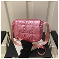 Quilted puffer shoulder bag in metallic pink finish with wide nylon strap and square pattern - Pink